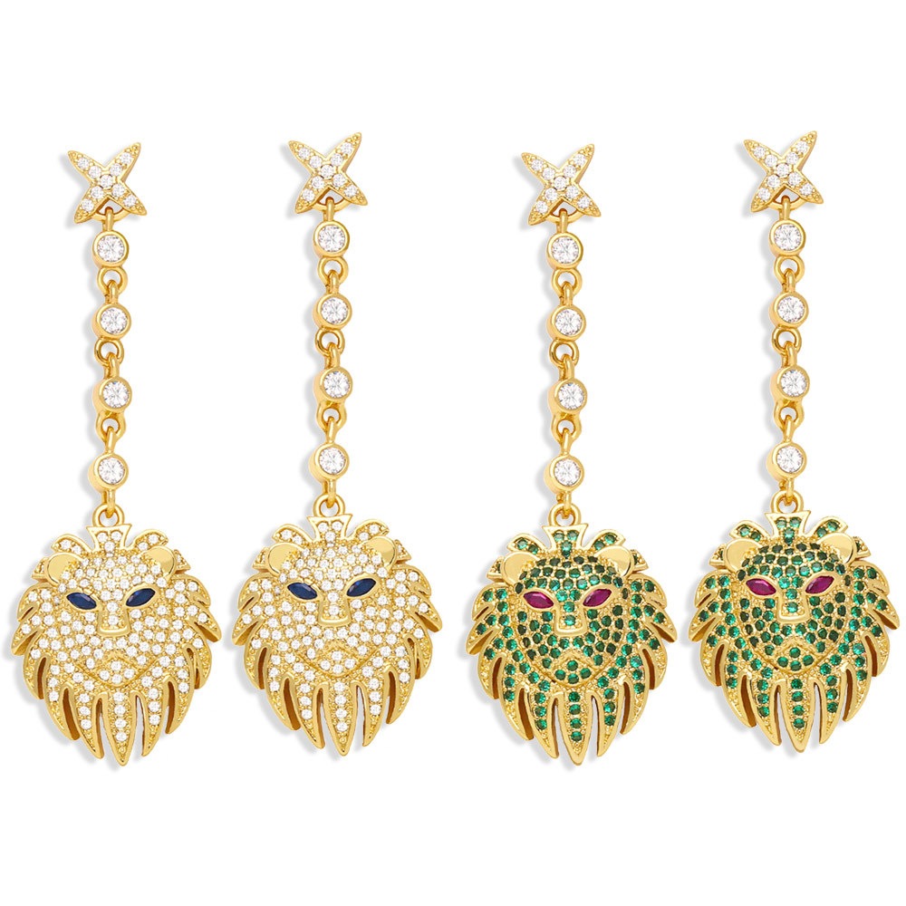 Simple Lion Pendant Tassel Copper 18k Gold-plated Inlaid Zircon Earrings display picture 2