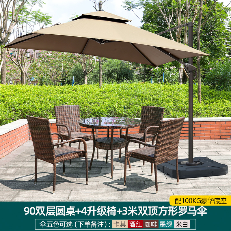 2층 원형 테이블 90개 + 업그레이드된 의자 4개 + 이중 상단 사각형 로마 우산 3m개(무료 쿠션)