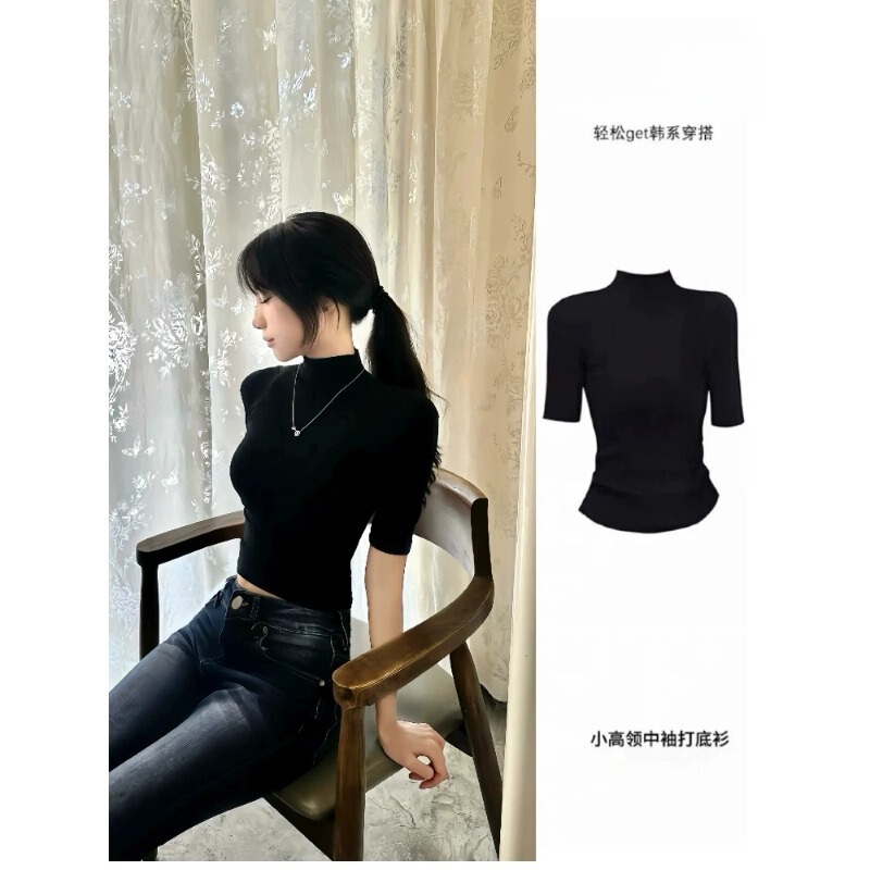Early Spring Black Slim-Fit Mid-Sleeve T-Shirt for Women 2026, Half-High Collar, Five-Quarter Sleeves, Elegant Inner Wear for Women Early Spring Black Slim-Fit Mid-Sleeve T-Shirt for Women 2026, Half-High Collar, Five-Quarter Sleeves, Elegant Inner Wear for Women