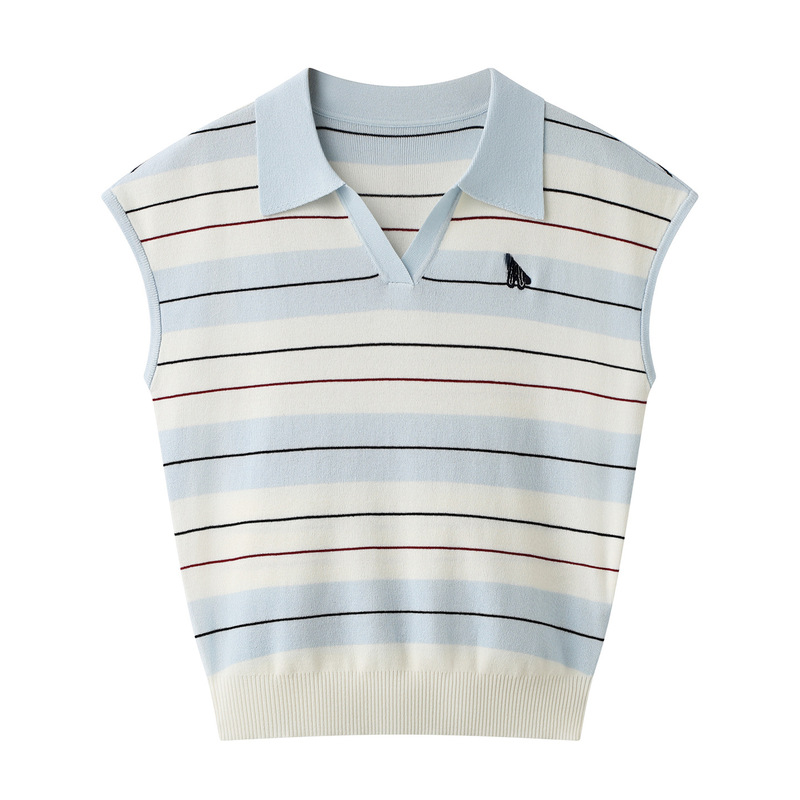 Striped Polo Collar Knit Sweater for Women, Short Sleeve, 2026 Summer New Style, Embroidered, Age-Reducing, Short Navy Style Top Striped Polo Collar Knit Sweater for Women, Short Sleeve, 2026 Summer New Style, Embroidered, Age-Reducing, Short Navy Style Top