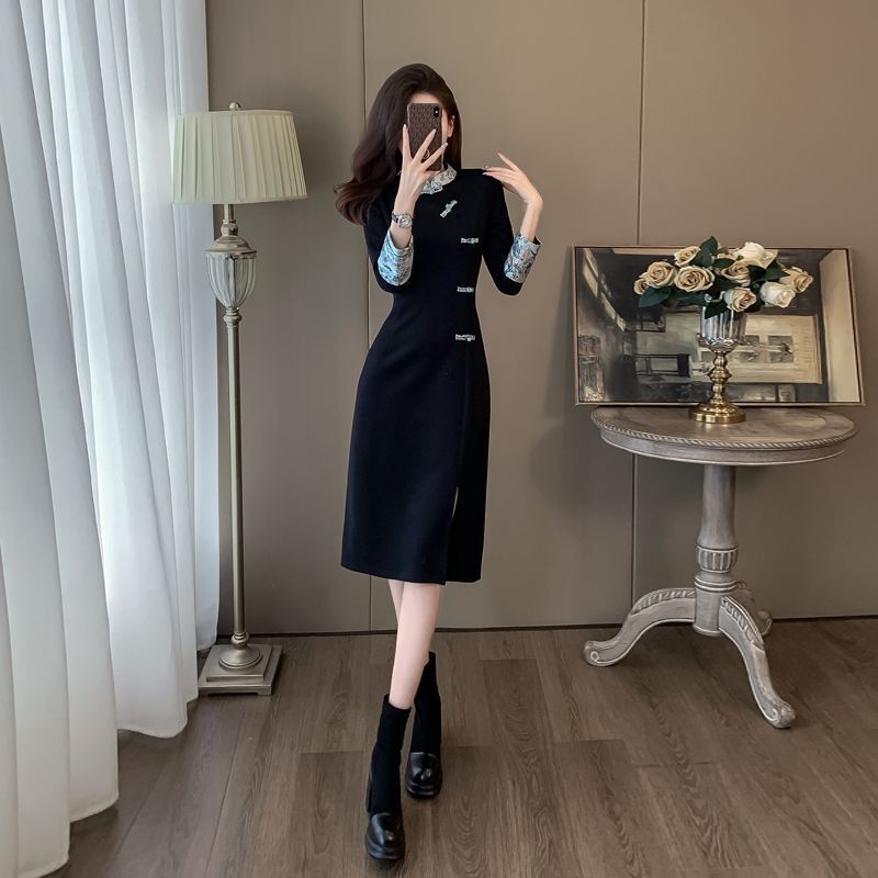 新中式国风复古连衣裙女秋冬显瘦气质感开叉加绒打底卫衣裙子|undefined
