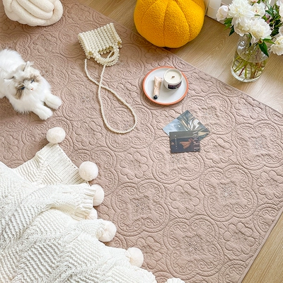Foreign Trade Solid Color Plaid French Retro Embroidered Bedroom Bedside Mat Pure Cotton Mat Home Carpet (Car Carpet) - 7090cm-chenxi-yanlu-flower-pavilionkhaki