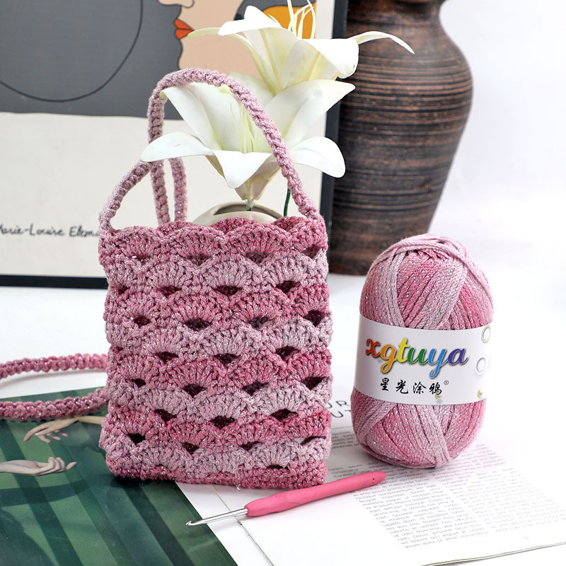 Handmade DIY 2.5mm Graffiti Thread Glitter Thread Segment Dyed Thread Crochet Wool Knitting Hollow Cotton Round Yarn Rainbow Sunset