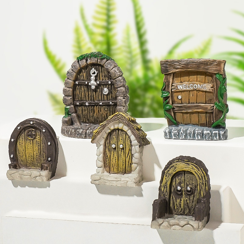 Simulación chic pequeña puerta de madera marco de fotos accesorios tanque de peces decoración del paisaje puertas y ventanas de resina psicológica bandeja de arena suministros puerta