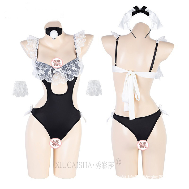Maid Roleplay Lingerie Set with Hidden Buckle and Black Open-Crotch Stockings — detail image 17