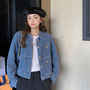 Autumn and winter 2024 new jacquard blue retro high-end sense small fragrant wind heavy industry Denim jacket women's fashion