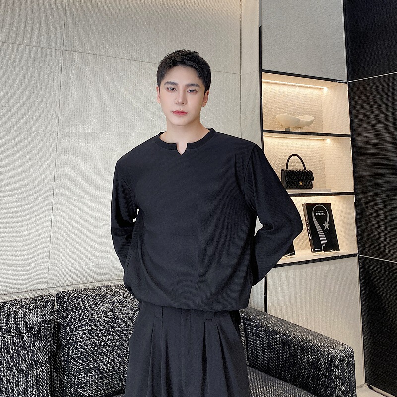 Korean Style Boyfriend Drapey Fine Ribbed Texture Small V-Neck Long-Sleeve T-Shirt Men's Solid Color Textured Base Shirt Top Korean Style Boyfriend Drapey Fine Ribbed Texture Small V-Neck Long-Sleeve T-Shirt Men's Solid Color Textured Base Shirt Top