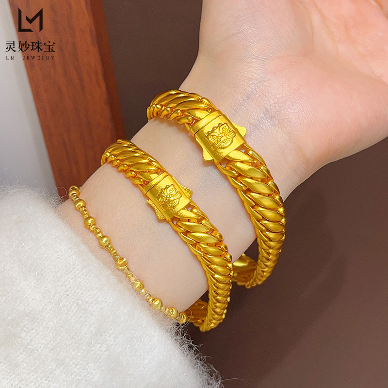 Gold Store Same Style Sand Gold Ancient Lion Awakening Three Horse Whip Bracelet Wide Matte Cuban Chain Bold Gift for Boyfriend