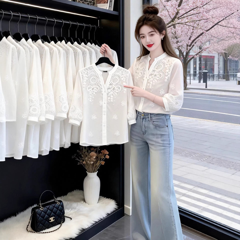 Solid Color Shirt for Women 2026 Summer Embroidered Hollow-Out Three-Quarter Sleeve Pure Cotton Shirt Stylish Age-Reducing Commuter Blouse A10743