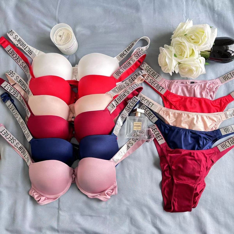 European and American Trendy Lingerie Set with Rhinestone Letter Logo Shoulder Straps, Classic Sexy Bra for Small Bust Girls, Plus Size Double