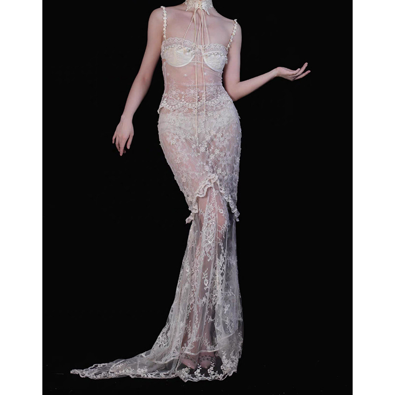 Goddess-Style Beaded Waist-Cinching Camisole Slimming Double-Layered Fishtail Skirt Lace Sheer Gown Set