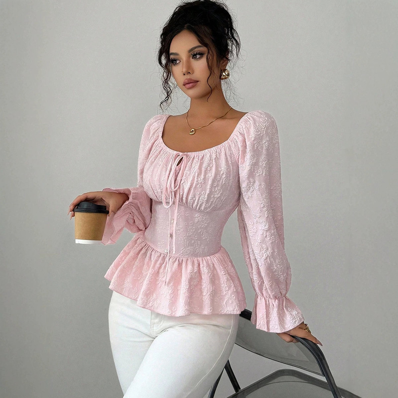 Ruihou Cross-Border Amazon Foreign Trade French Design Shirt 2026 Autumn New U-Neck Tie Long Sleeve Top