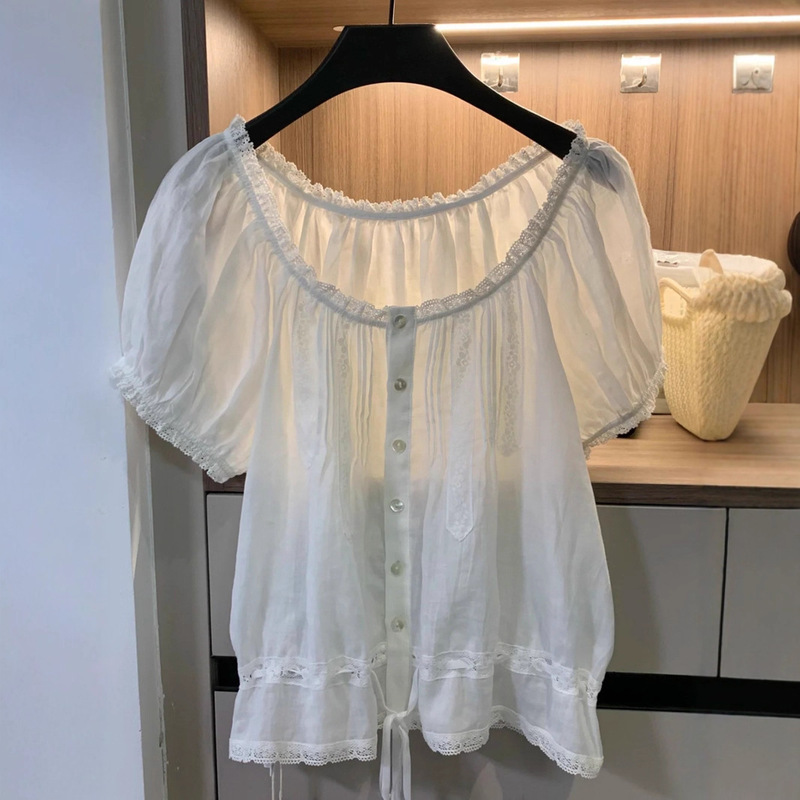 French Sweet Lace 100 Ramie Shirt Summer New Loose Breathable Thin Round Neck Short-Sleeved Shirt