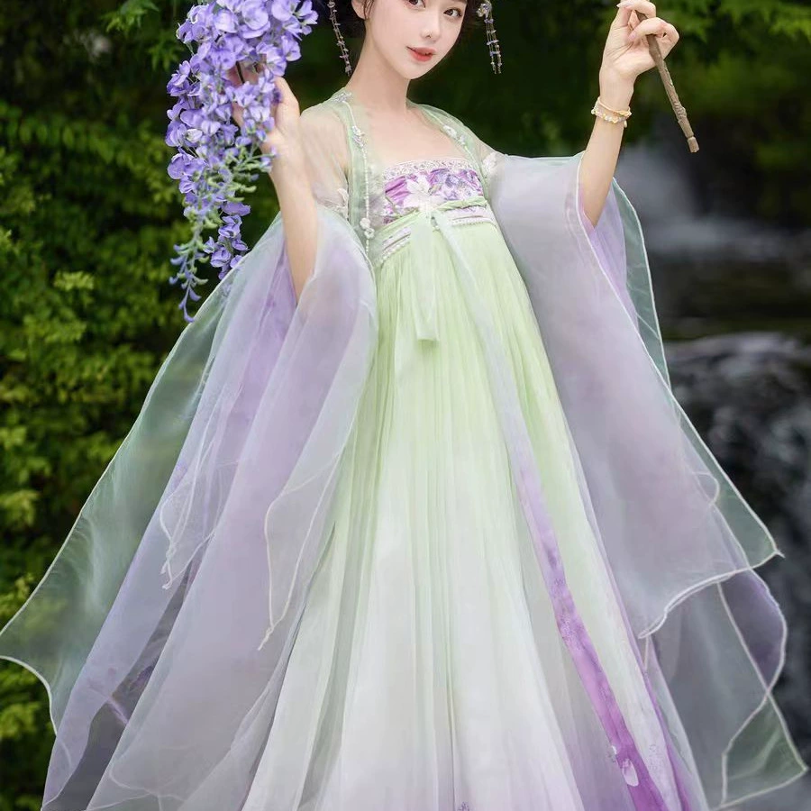 2025 новый летний костюм династии Хань с цветком вистерии, древний костюм династии Тан, юбка длиной до груди в китайском стиле, вышивка, улучшенная повседневная одежда