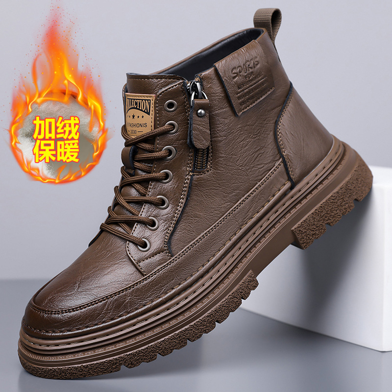 2025 New Autumn and Winter Sports and Leisure Leather Shoes High-Top Sneakers Soft Sole Winter Velvet Boots Men's Work Leather Boots