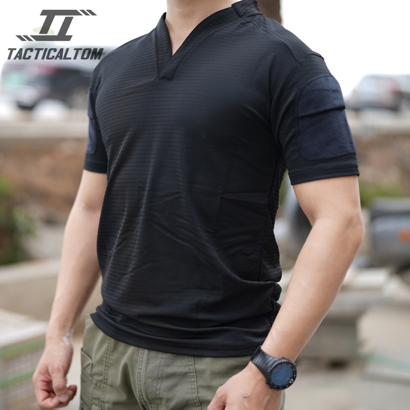 Tactical Tom Replica Vs Top V Neck Black Short-Sleeved T-Shirt Quick-Drying Breathable Outdoor Tactical Ice-Sense Sports