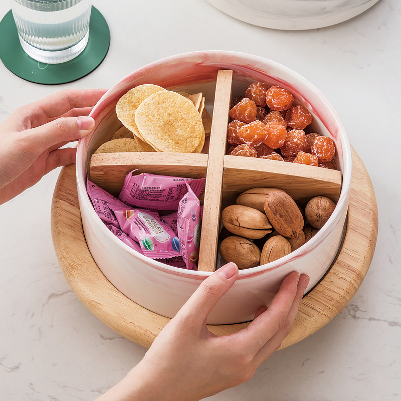 Caja de caramelo de roble de madera hogar sala de estar mesa de café plato de fruta seca de cerámica con tapa Internet Celebrity Snack plato de fruta
