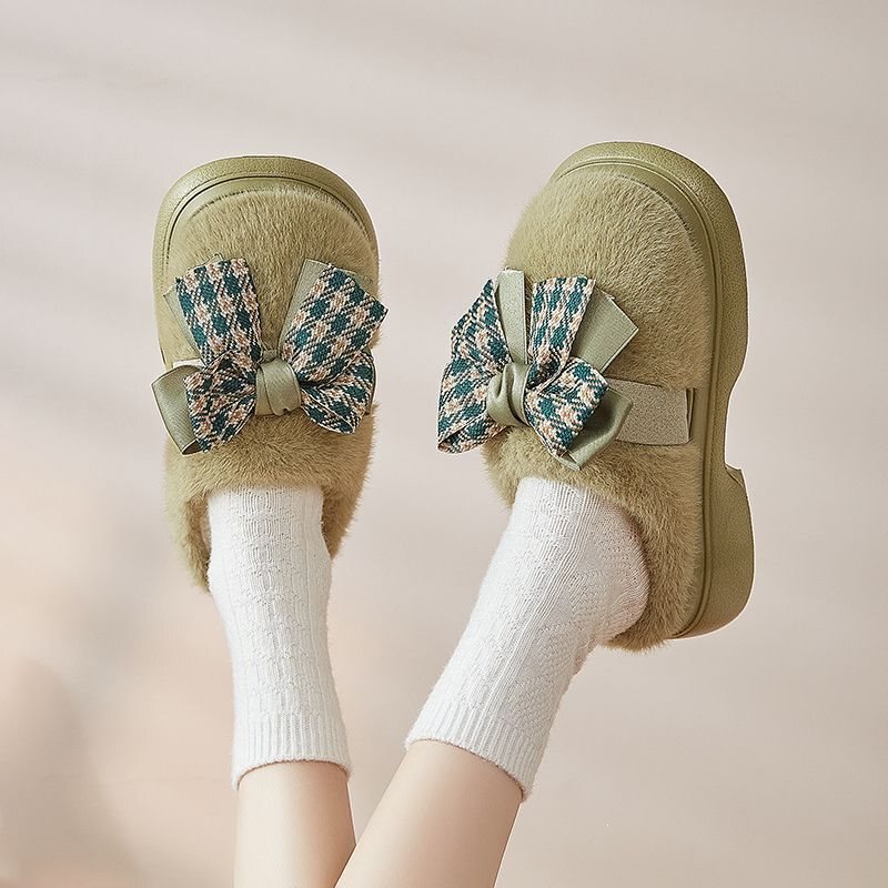 Bowknot Cotton Slippers for Women, New Non-Slip Warm Plush Indoor Home Cotton Slippers for Women, Winter 2024 Christmas