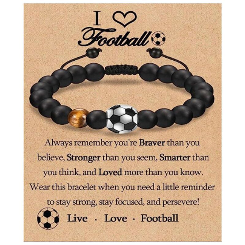 Sports Football Bracelet Back-To-School Season Gift Black Frosted Tiger Eye Stone Beaded Braided Black Frosted Football Bracelet