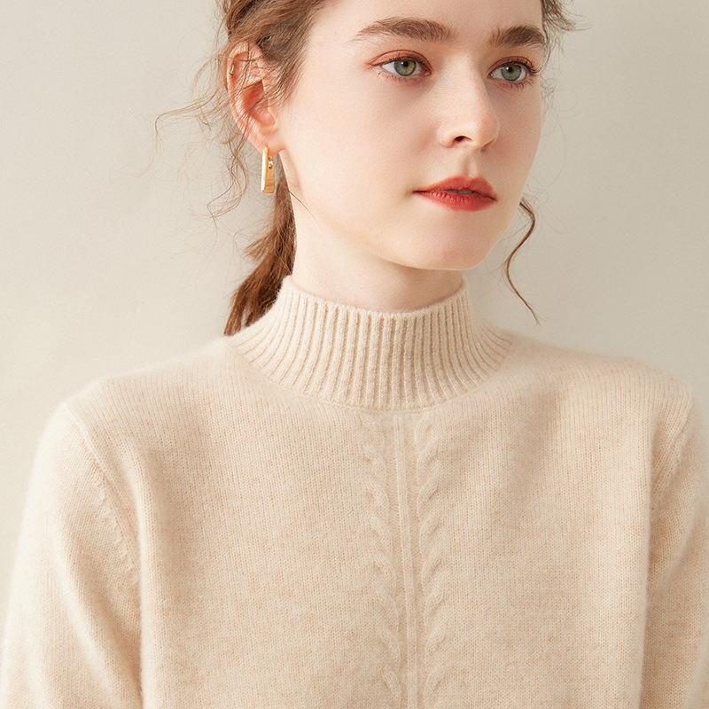 Autumn and Winter New Cashmere Sweater Women's Half Turtleneck Thickeneded Jacquard Sweater Loose and Warm Inner Knitted Bottoming Shirt