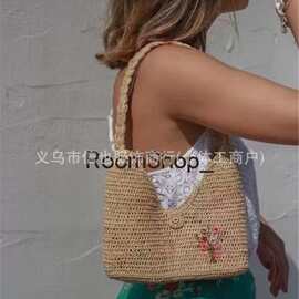 2025法国博主同款拉菲草编织手提包草编包刺绣手提托特度假沙滩包