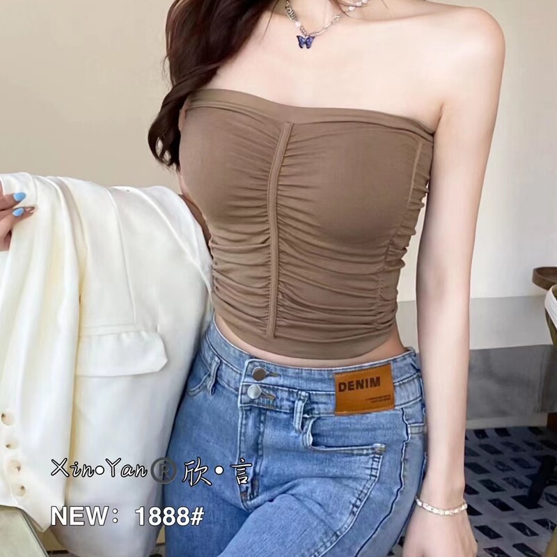New spring and summer new pleated tube top off-the-shoulder beauty back women's sexy slimming outer wear hot girl short top