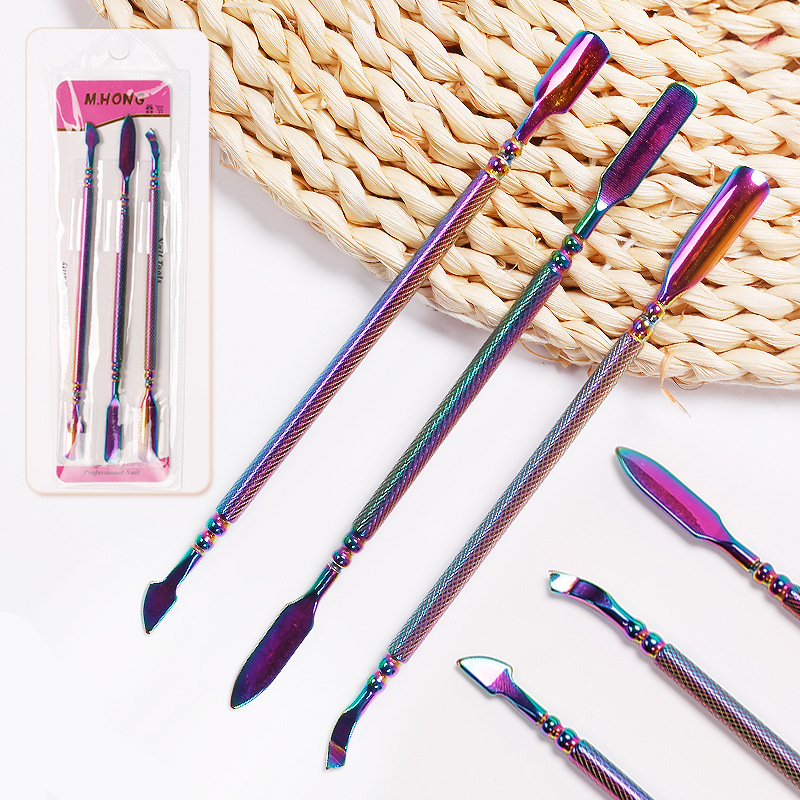 Herramientas de uñas transfronterizas empuje de acero inoxidable traje de 3 piezas de doble cabeza tamaño pequeño empuje de acero grande removedor de esmalte de uñas pegamento empuje de piel muerta