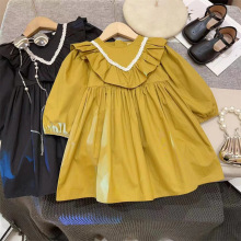 新品女童连衣裙春秋装2026新款女孩简约长袖娃娃领裙子纯棉童装