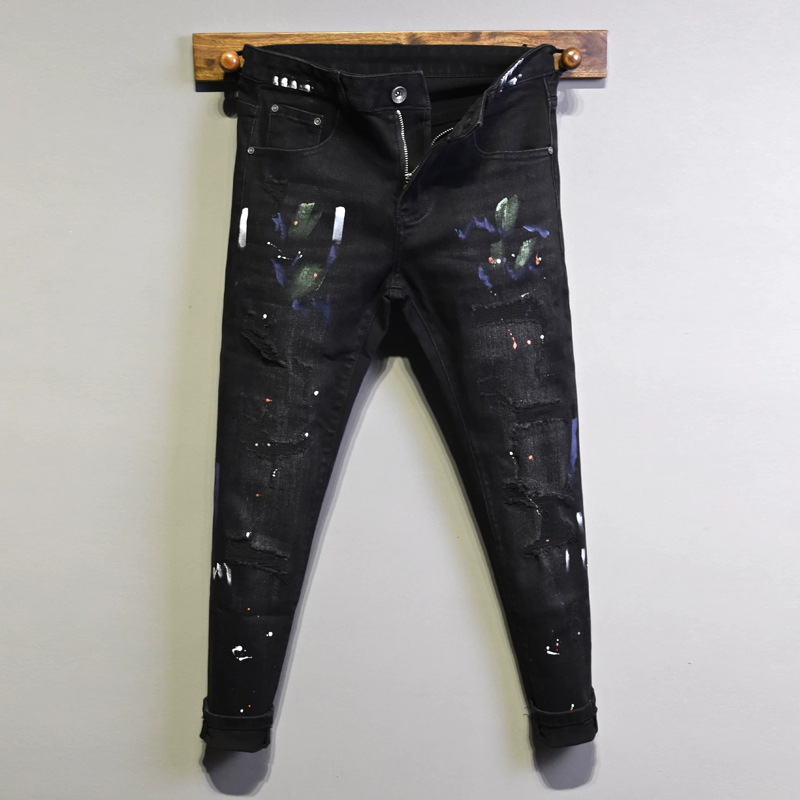 Men's Clothing Men's Street Style Ripped Jeans Distressed Black Gray Washed Paint Print Slim Fit Skinny Jeans_mkmklike.com