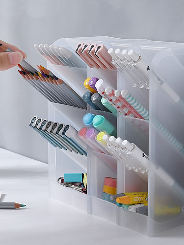 [Multifunctional Transparent Pen Holder] Transparent Frosted Pen Holder Four-part Pen Holder Stationery Plastic Desktop Storage Holder