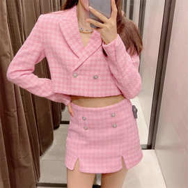 跨境批发速卖通欧美女装2022夏季新款千鸟格纹理短款西装外套淑女