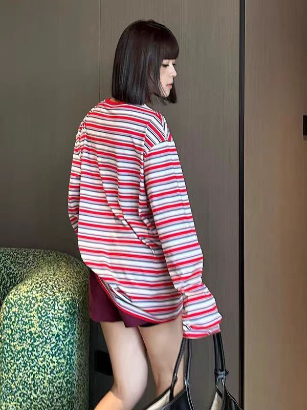 缪家miu系24SS新款百搭休闲宽松撞色条纹长袖T恤男女情 侣款上衣|undefined