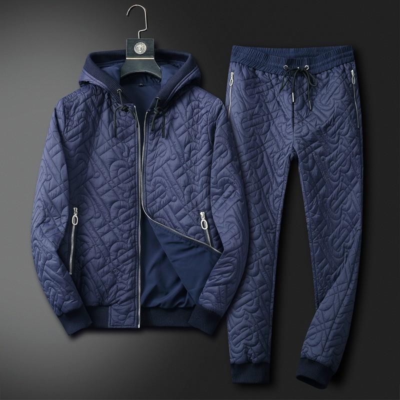 Men's Clothing 2024 Winter Down Cotton Leisure Suit Men Thick Warm Dark Pattern Embossed Cardigan Hooded Sportswear Two piece Suit_voghion.com