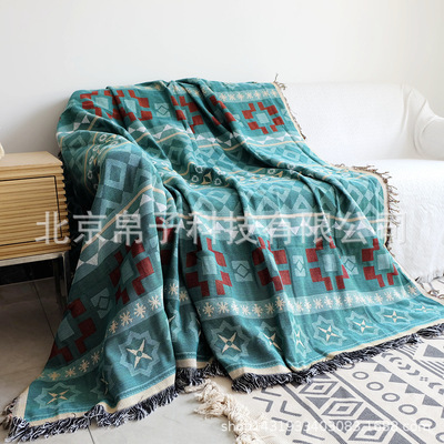 跨境亞馬遜速賣通外貿仿棉麻雙面梭織流蘇線毯裝飾多用蓋毯蓋布