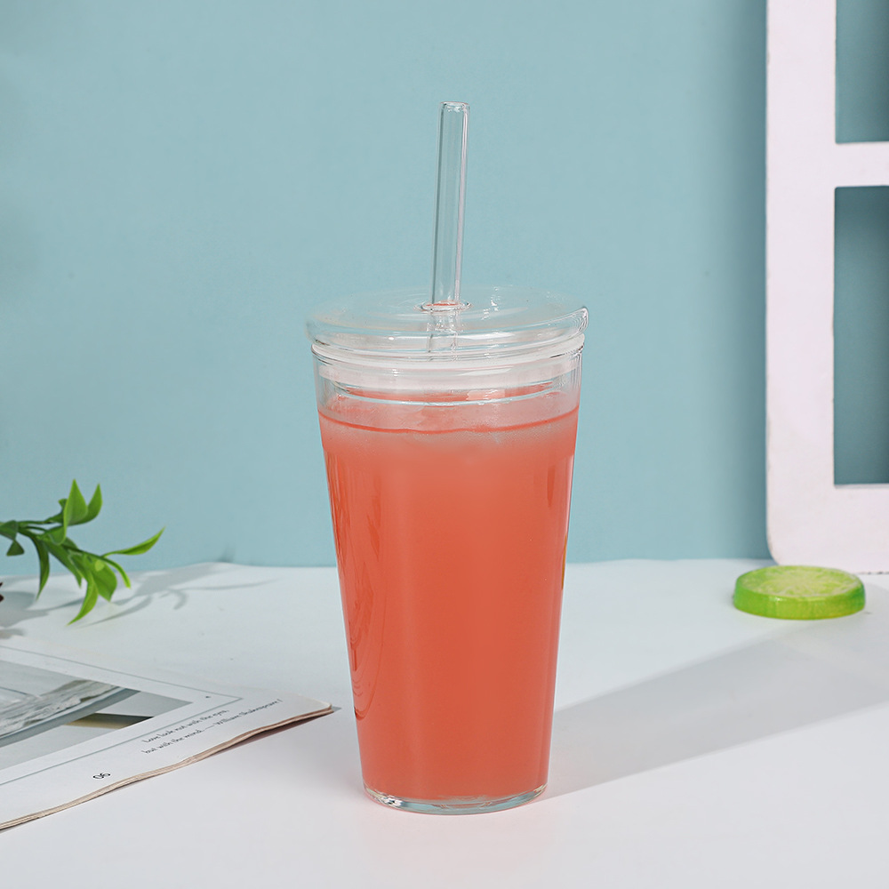 Taza de paja transparente con cubierta alta resistencia al calor taza de vidrio de borosilicato de alta capacidad taza de agua simple taza de oficina taza de té de leche taza de automóvil