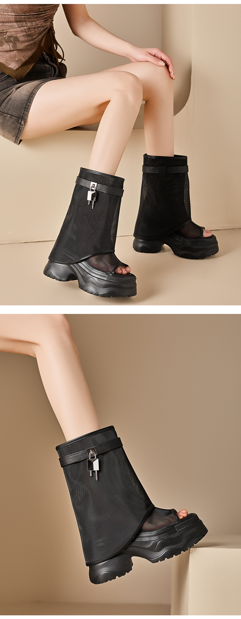 Boot nữ cổ cao đế dày lưới thoáng khí phong cách rider — màu nâu, màu đen, Nâu có hình, màu trắng chi tiết 6