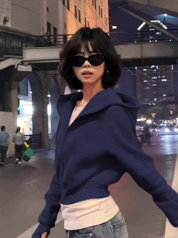 山东即墨卫衣女上衣2025秋季新款短款韩版修身连帽运动开衫外套|undefined