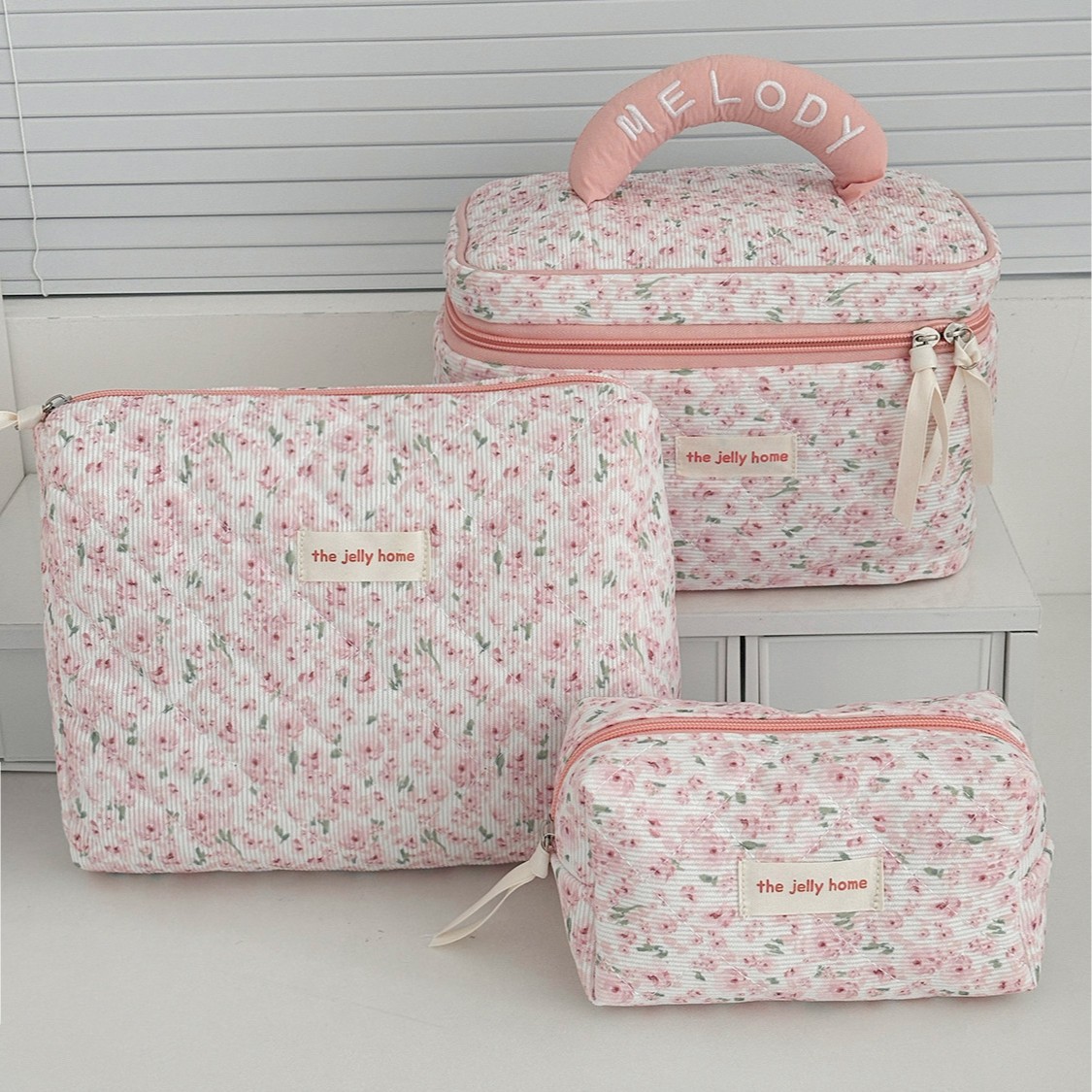 Cross-Border Corduroy Pink Peony Cosmetic Bag New Sweet Small Fresh Floral Large Capacity Portable Toiletry Bag