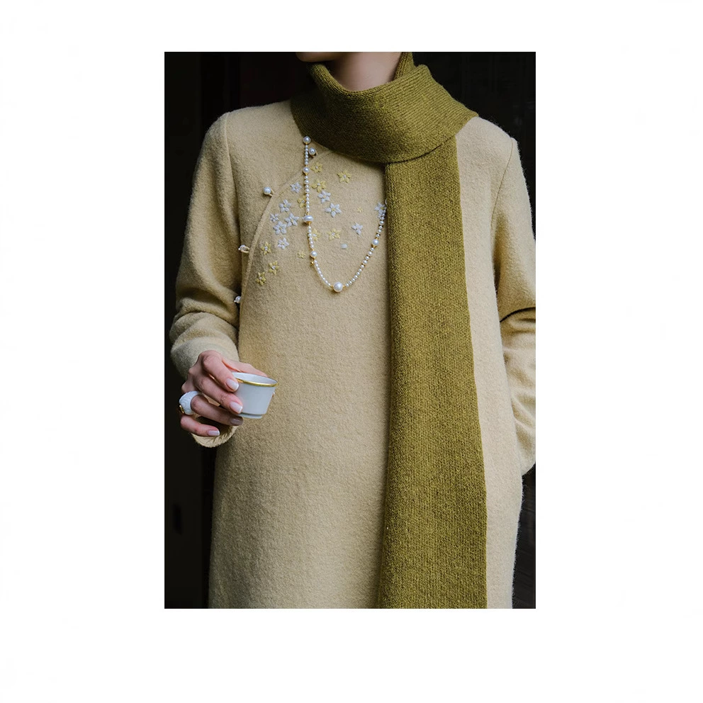 2024 новый стиль овечьей шерсти круговой текстуры новый китайский стиль тонкое платье