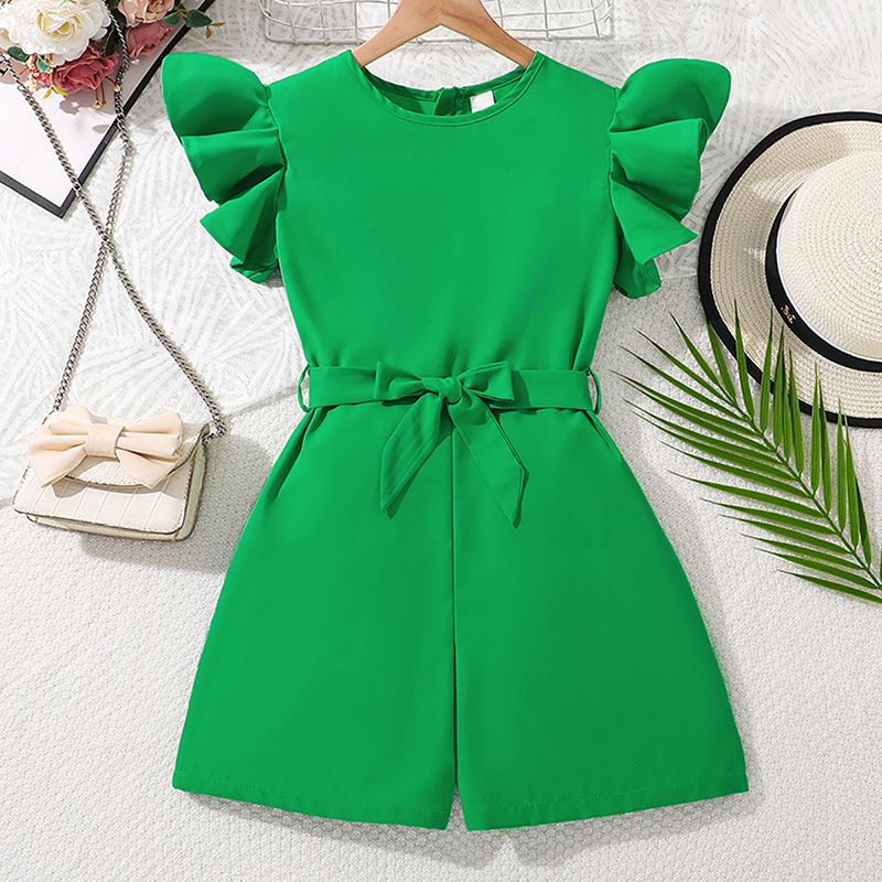 Mono para niñas Ropa para niños transfronteriza 2025 verano nuevos pantalones cortos de una pieza de color sólido con mangas de encaje para niños medianos y grandes