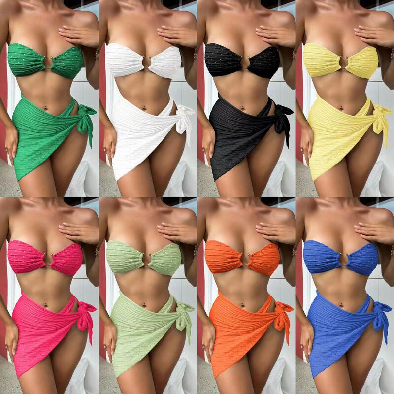 2025 European and American New Tube Top Skirt Three-Piece Swimsuit Bikini Bikini Swimsuit Amazon Cross-Border