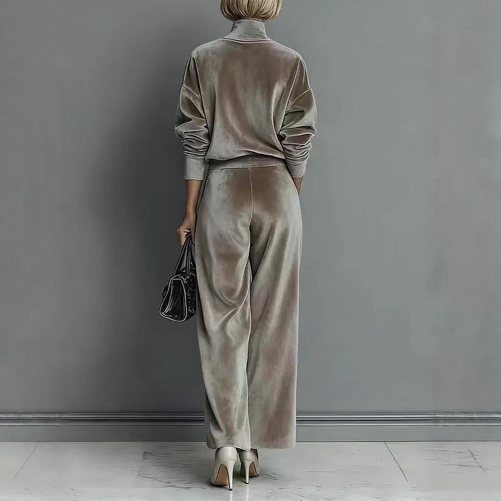 Hochwertiges zweiteiliges Strickset für Damen im europäischen und amerikanischen Stil – Herbst/Winter: Langarmshirt und weite Hose._voghion.com
