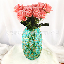 欧式复古宝石绿玻璃花瓶几何钻石描金玄关客厅装饰干花鲜花插花器