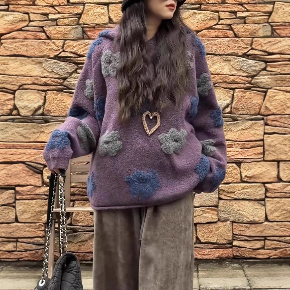 2025 Korean Style Lazy Style Outfit Suit for Women, Beautiful Autumn and Winter Hooded Flower Knitted Sweater