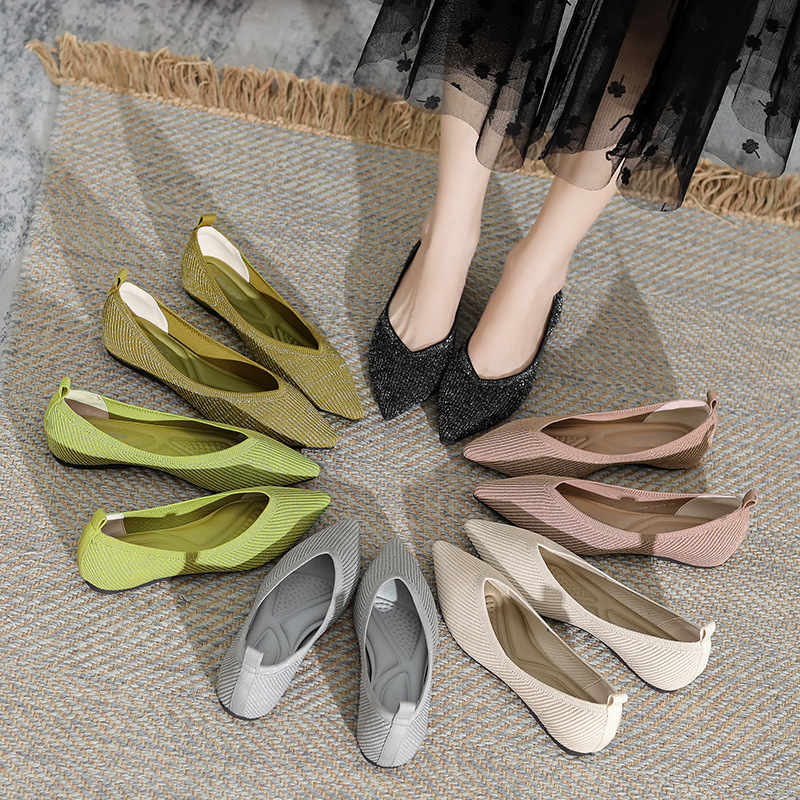 Princess shoes hidden height New pointed toe shallow mouth single-layer shoes women's knitted woven shoes cross-border foreign trade slip-on flat shoes