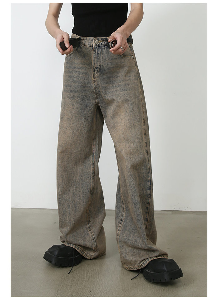 Quần jeans nam ống rộng phong cách retro, dáng suông dài chạm gót, lưng cạp vừa — Vàng gỉ chi tiết 15
