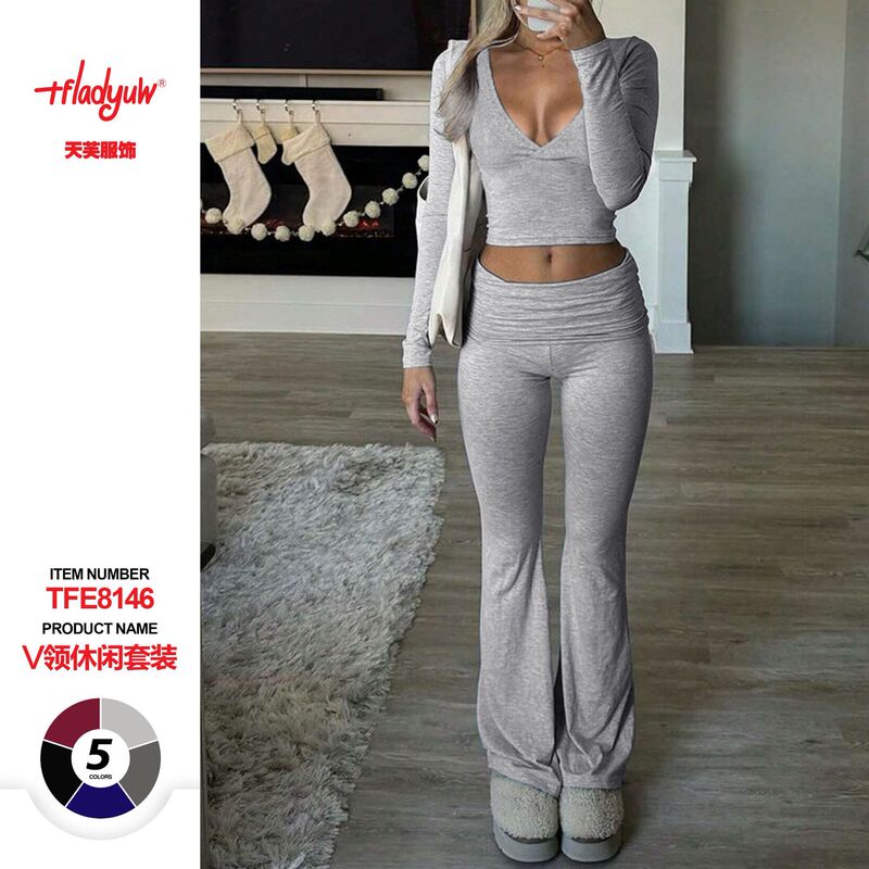 K25St8146 European and American Cross-Border Trade New Autumn Women's Clothing Deep V-Neck Bell-Bottom Pants Sports Casual Suit for Women