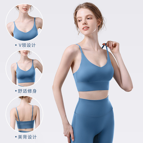 Low-intensity backless spaghetti strap sports bra for women, beautiful naked back, seamless outer wear suspender fitness bra wholesale