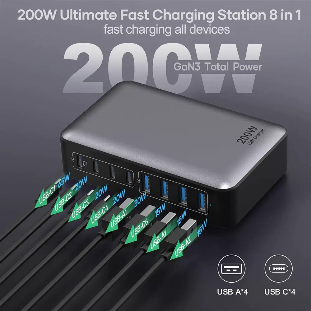 200W氮化镓充电器 20V5A大功率手机平板笔记本通用桌面充电站200W