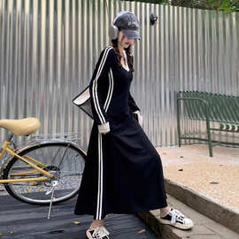 大码胖mm秋季条纹V领长袖t恤打底裙连衣裙女韩版高级感a字长裙子